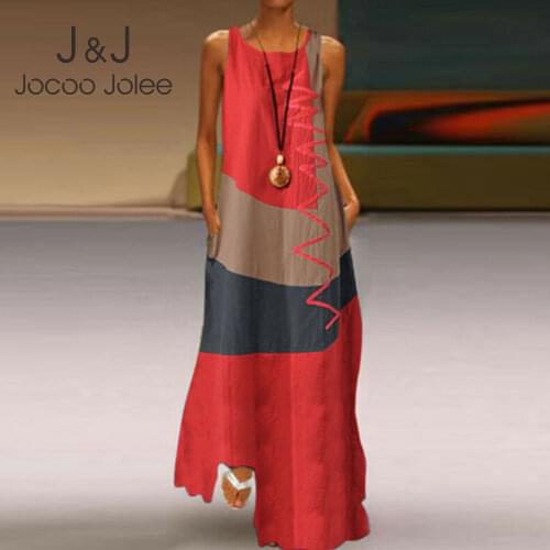 Jocoo Jolee Women Hit Color O-Neck Sundress Summer Maxi Dress Patchwork Vintage Printing Casual Sleeveless Female Robe Oversized