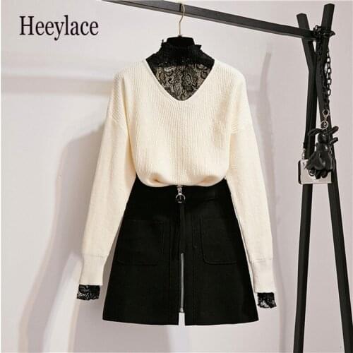 2020 Sexy Lace Patchwork Knit long sleeve Sweater and Zipper A-line Skirt 2 piece set Autumn Fashion Student korean women Sets