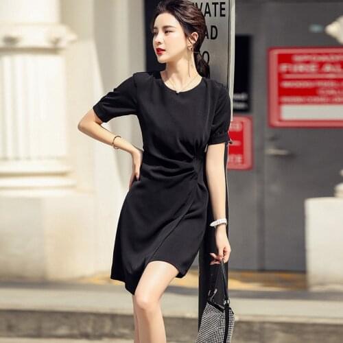 2021 Temperament Round neck irregular dress female 2021 summer new Female slim short-sleeved little black dress harajuku dress