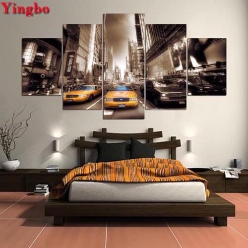 Diy 5d Diamond Mosaic,Yellow car City Street Scenery Diamond Painting Rhinestone Cross Stitch Diamond Embroidery 5pcs wall Decor
