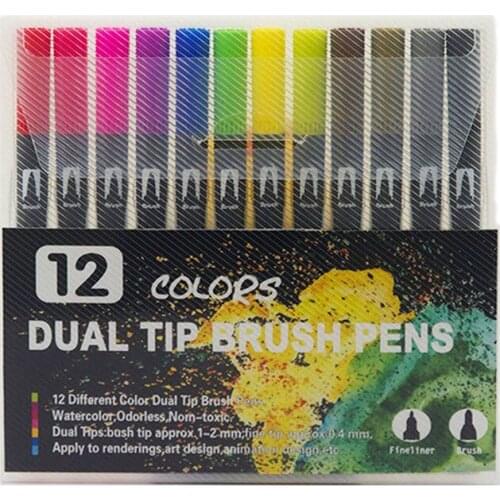 12 Colors Dual Tip Watercolor Brush Art Mark Pen Sketching Liner Manga Graphic Design Drawing HandTwo Head Color Fineliner Pen
