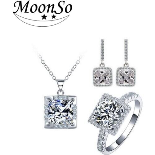 Real 925 Sterling Silver jewelry set for Wedding Engagement Ring drop earring necklace pendant christmas gift for Women J574B