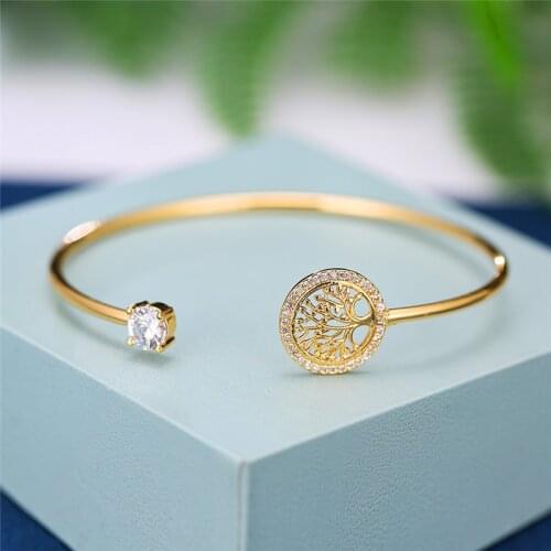 Charm Tree of Life Opening Bracelet Female Luxury White Zircon Stone Bracelets For Women Rose Gold Silver Color Wedding Bracelet