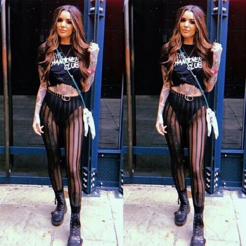 2021 New Hot Fashion Sexy Mesh Striped Leggings Women Striped Mesh Perspective Pants Knee Length Slim Trousers Club Wear