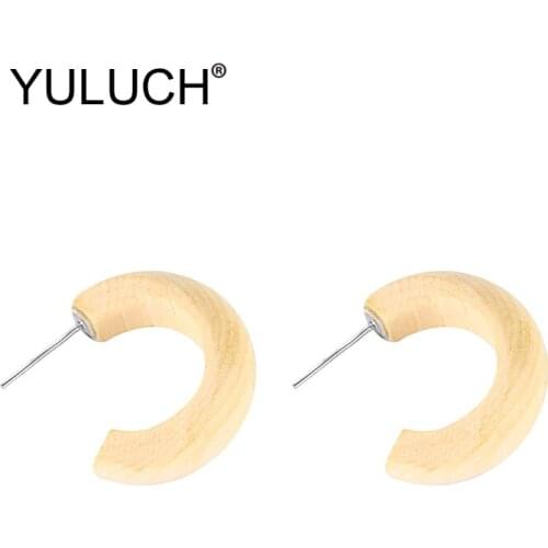 YULUCH Trendy Blue Beige Yellow Wooden Letter C Pattern Stud Earrings Fashion Jewelry Pop Women Simple Wood Pins Stud Earrings