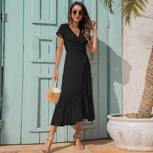 Womens summer new arrivals V-neck tie irregular simple slim fashion dress