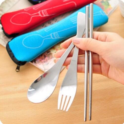1pcs Lunch green stainless steel chopsticks spoon fork outdoor portable tableware three-piece