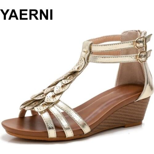 YAERNI Summer Shoes Women Wedges High Heel Sandals Ladies Metal Texture Soft Leather Design Female Pumps Large Size 36-42