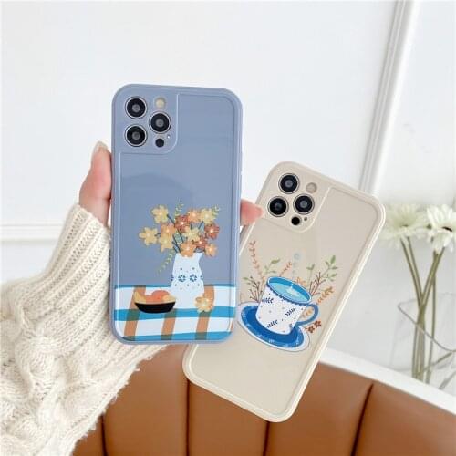 Retro vase tea cup fake flowers art Japanese Phone Case For iPhone 12 11 Pro Max Xr Xs Max 7 8 Plus X 7Plus case Cute Soft cover