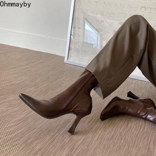 Black Women Ankle Boots Woman Thin High Heel Fashion Pointed Toe Zipper Winter Womens Shoes 2021 Leather White Short Booties