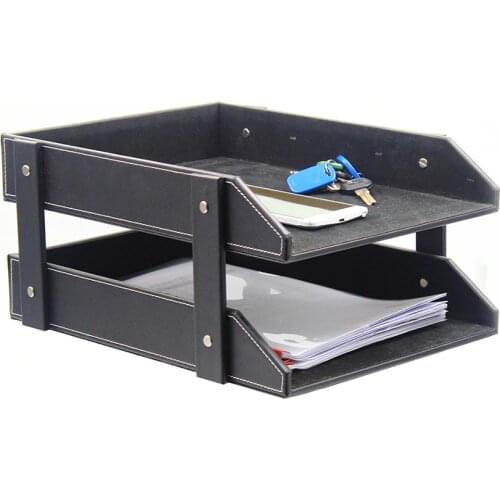 Business Double-layer File Tray Office Desktop Documents Classification Organizer PU Leather Folder Plate CAN CUSTOMIZE LOGO