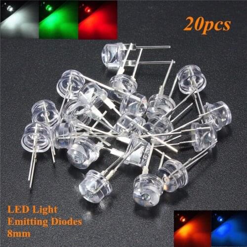 Jiguoor 20pcs 8mm Straw Hat LED Water Clear Light Emitting Diodes Lamp Kit DIY LEDs Set Blue Green Yellow Red White