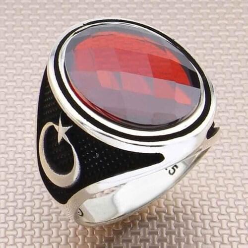 Crescent Star Style Ring Faceted Oval Red Zircon Gemstone Ring Top Quality Fashionable Turkish Men Ring 925K Silver
