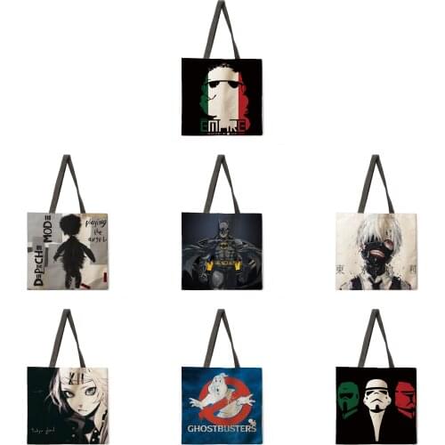 Movie theme linen fabric casual tote bag foldable shopping bag reusable beach bag ladies shoulder bag
