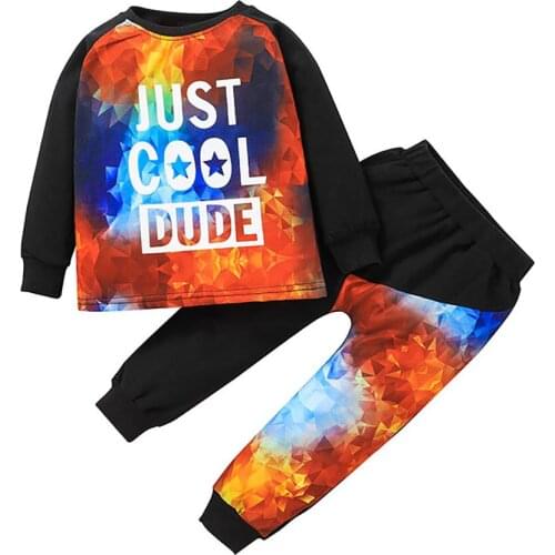2021 1-6Y Casual Kid Baby Boy Clothes Set JUST COOL DUDE Letter Print Long Sleeve Sweatshirt+Tie Dye Pants Spring Fall 2pcs
