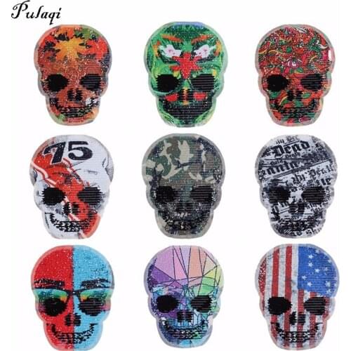 Pulaqi Punk Skull Reversible Change color Sequins Sew On Patches DIY Patch Applique Bag Clothing Coat Sweater Craft Decor H