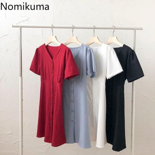 Nomikuma Dress Women Summer 2021 New Korean Style Short Sleeve Slim Waist A-line Dresses Solid Color Single Breasted Robe Femme