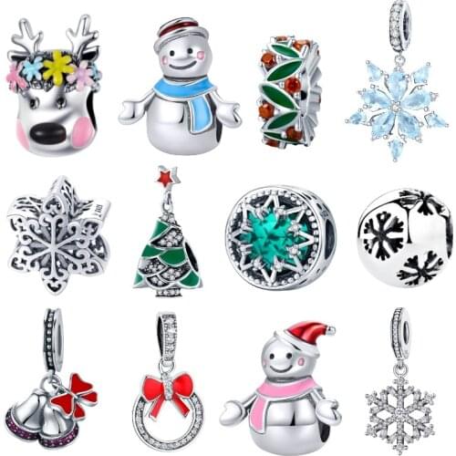 BISAER 925 Sterling Silver Christmas Charms Snowflakes Snowman Christmas Tree Beads fit Beads for Silver 925 Jewelry Making