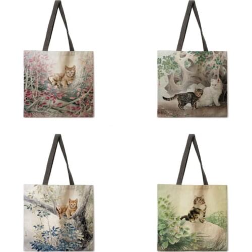 Ladies casual handbags meticulous painting cat printing ladies shoulder bags ladies handbags outdoor beach handbags foldable sho