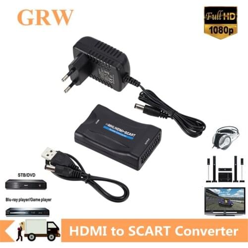 Grwibeou 1080P HDMI To SCART Video Audio Upscale Converter Adapter for HD TV DVD for Sky Box STB Plug and Play DC Cable