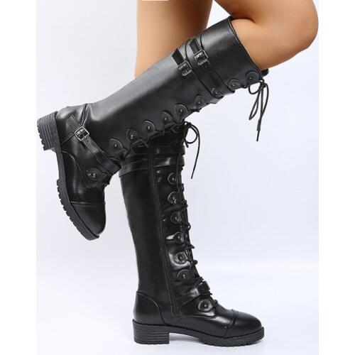 Chunky Platform Leather Knee High Boots Women Retro Punk Height Increasing Long Boots Woman Lace Up Booties Winter Botas Mujer