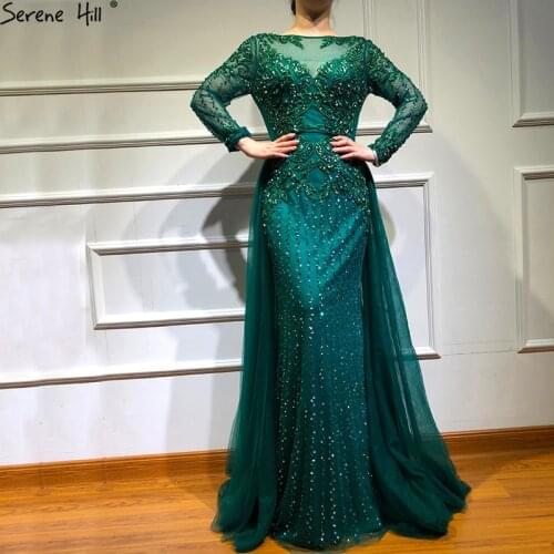 Muslim Long Sleeve Turkish Green Mermaid Formal Evening Party Prom Gown Dress Robe De Soiree Dubai Gowns Plus Size BLA6547
