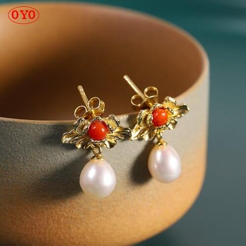 S925 Silver Pearl Flower Stud Earrings Fashion Natural Womens South Red Stud Earrings
