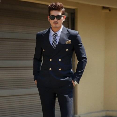 Groomsmen Groom Custom Made Tuxedos Navy Blue Men Suits Peak Lapel Best Man 2 pieces Wedding ( Jacket+Pants+Tie ) C554