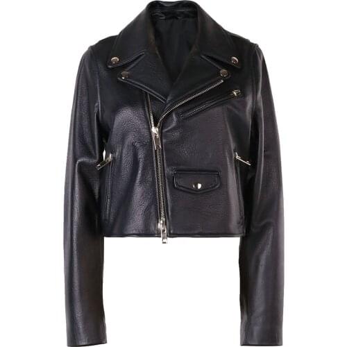 YOLOAgain Spring Women Gold Zipper Short Genuine Leather Jacket