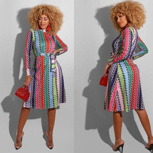 2021 Woman Clothes Sexy Empire Pullover Belt Round Neck Fashion Colorful Printing Quality Womens New Style Long-sleeved Dress