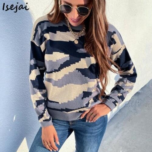 Leopard Camouflage Knitted Sweater Women Round Neck Pullover Female Autumn Winter Sweater Top