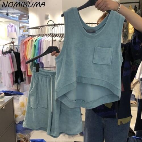 Nomikuma Women Short Sets Causal Sleeveless Vest Tops + Lace Up Waist Causal Sweat Wide Leg Shorts Summer 2pieces Suits 6K192