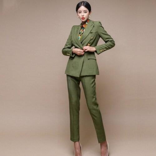 Women Casual Office Fashion Green Suits Two Piece Sets Double Breasted Jacket High Waist Pencil Pants Female