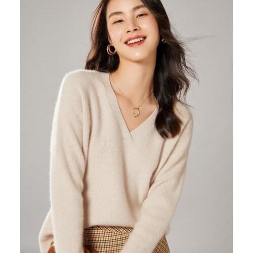 Autumn Winter Womans Sweaters Female Pullover Causal V-Neck Long Sleeve 100% Wool Knitted Tops Shirt Clothing Jumper Pull Femme