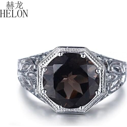 HELON Real 925 Sterling Silver 3.76ct Round Cut 100% Genuine Smoky Quartz Engagement Ring Women Wedding Vintage Fine Jewelry