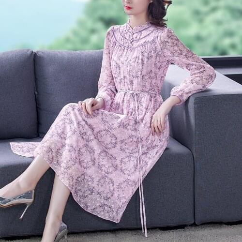 2021 Spring Pink Floral Chiffon Beach Midi Dresses Autumn Vintage 3XL Plus Size Long Sleeve Dress Women Elegant Bodycon Vestidos