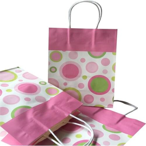 20pcs Pink Circle Design Paper Bag Wedding Bag for Candy Clothes Bag Kraft Paper Gift Bag with Handle