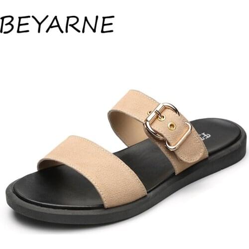 BEYARNESandals for women in genuine cow leather flat shoes women without lace summer woman slides leisure beach flip flops Rihan
