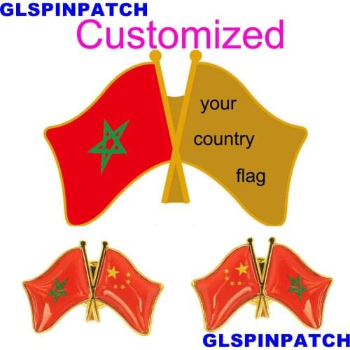 Morocco Crossed Friendship Flag Double Country lapel pin Brooch USA UK France Chile Russia Saudi Arabia Japan Spain Badge