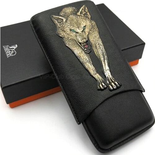 LUBINSKI Genuine Leather Black Cigar Case Travel Case Humidor Holder 2/3 Tube in Fancy Gift Box Creative