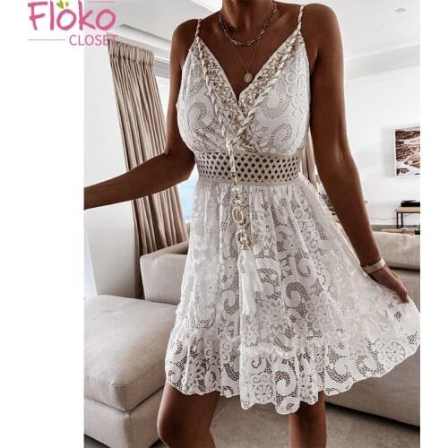 Flokocloset Sexy Spaghetti Straps Lace Flower Backless Midi Dresses Summer Women V Neck Wedding Sundress Club Vestidos