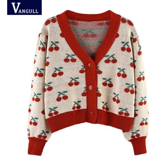 Vangull Casual Cherry Print Cardigan Women Sweater Knitted Cropped Sweater Feamle Loose Long Sleeve Single Breasted Cardigans