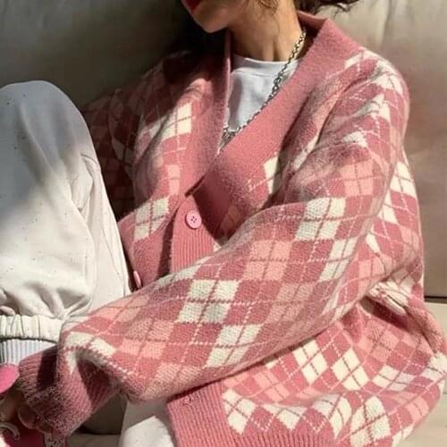 Ladies Cardigans Long Sleeve Knitted Argyle Sweater Women Korean Pink Vest Sweaters Female Jumpers Cardigan Jacket with Buttons