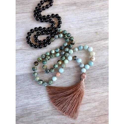 108 Mala Bead Necklace Amazonite African Turquoises & Onyx Necklace Knotted Prayer Yoga Tassel Necklaces Meditation Necklaces
