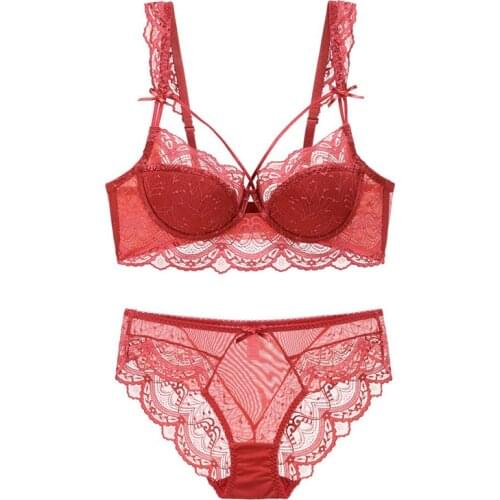 Sexy Thin Cup Plus size Lace Half Cup Bra with Stones Push up Bra and Panty Set Underwear Lingerie Women A B C D E Cup 2020 New