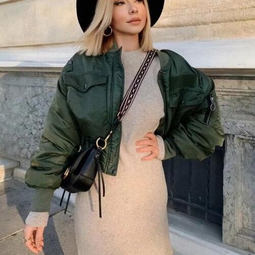 Fashion Army Green Bomber Jacket 2021 Autumn Short Double Buckle Thick V-neck Long Sleeve Loose Coat Streetwear Womens Jackets