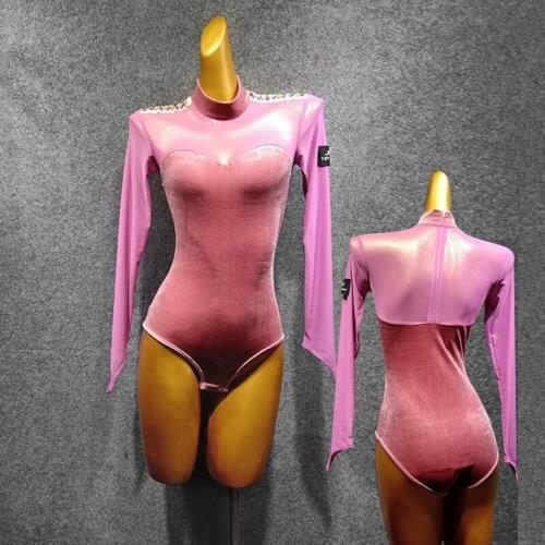 Latin Dance Leotard Women Tops One-Piece Clothing New Velvet Mesh Splicing Pink Color Top For Tango Dress Latin Competition Wear