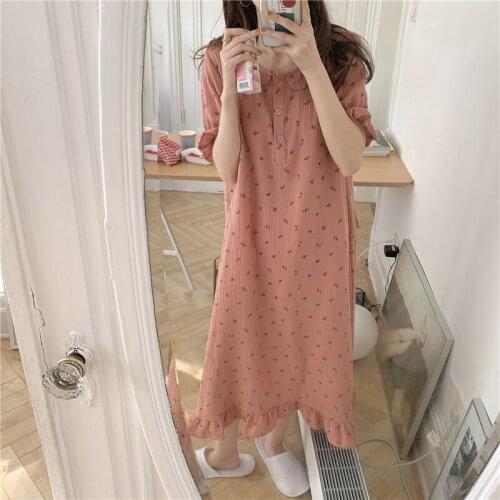 Summer new Pan Collar Homewear Midi Dress Casual Nightdress Cherry Print Cotton Nightgowns Women Sleepwear Short Sleeve Peter