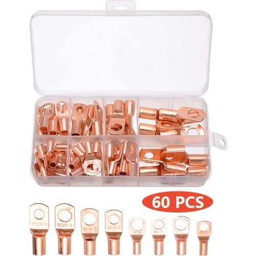 60pcs SC6-6/8 10-6/8 16-6/8 25-6/8 Copper Cable Lug Kit Bolt Hole Tinned Cable Lugs Battery Terminals Wire Connector Kit