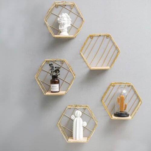 Golden Metal Storage Iron Shelf Wall Hanging Rack Decorative Wall Shelves Hooks Walls Hollow Shelf Wall Porch Storage Organizer